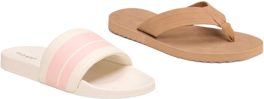 Two styles of casual sandals featuring cream slide sandals with pink stripes alongside tan thong flip-flops.