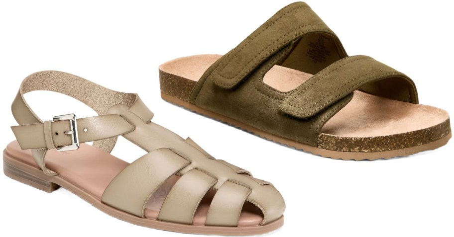 Two styles of sandals featuring beige gladiator-style flat sandals with a buckle strap alongside olive green double-strap slide sandals with cork footbeds.