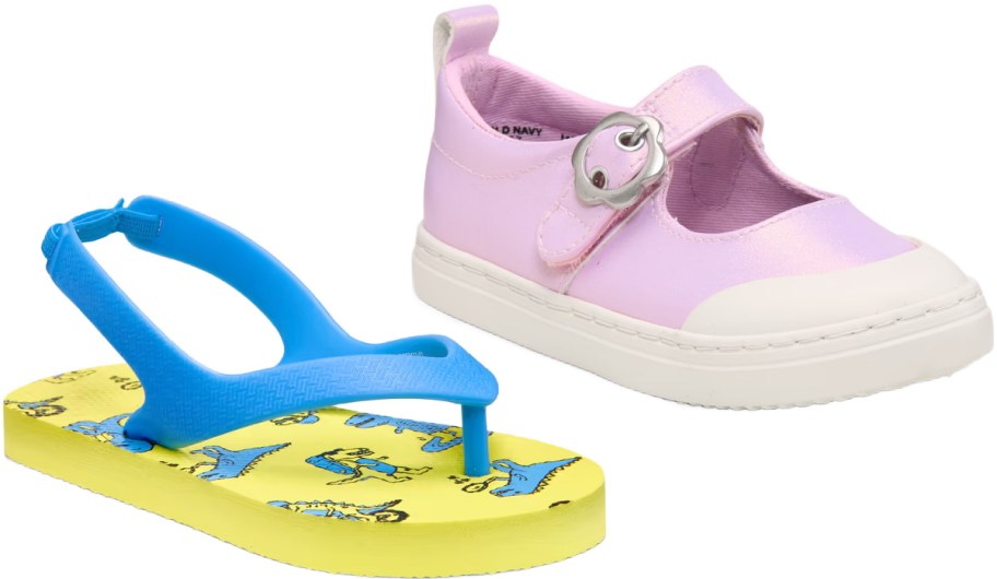 Two styles of children's footwear featuring a yellow dinosaur-print flip-flop with a blue heel strap alongside a light pink Mary Jane sneaker with a flower buckle.