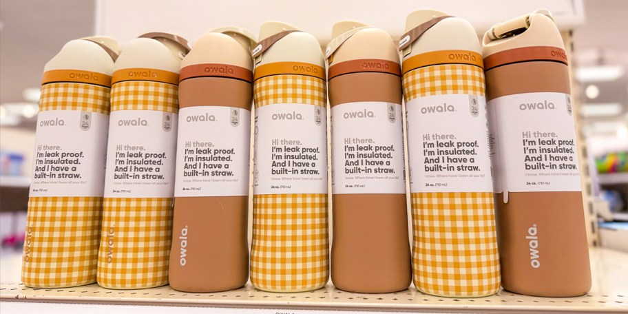 yellow checkered and brown owala tumblers