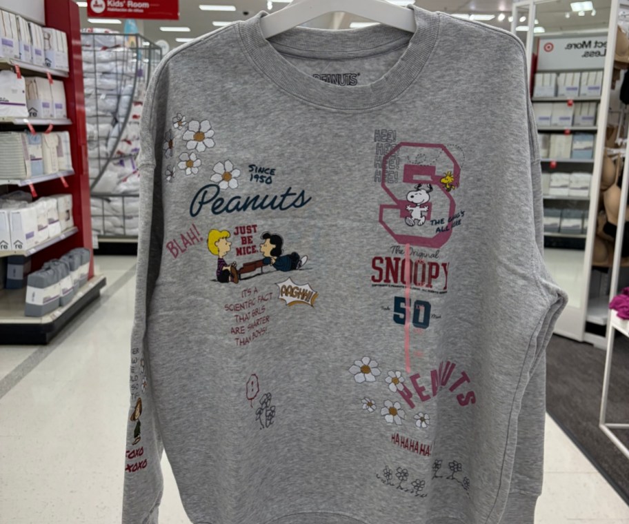 gray Peanuts sweatshirt on a white hanger