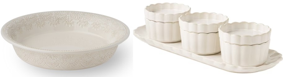 white pie tray and three bowl set on tray 