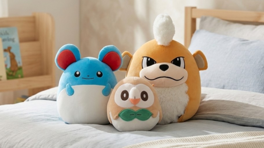 three pokemon squishmallows in different sizes