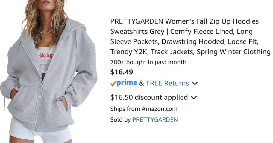 woman wearing gray hoodie next to Amazon pricing information