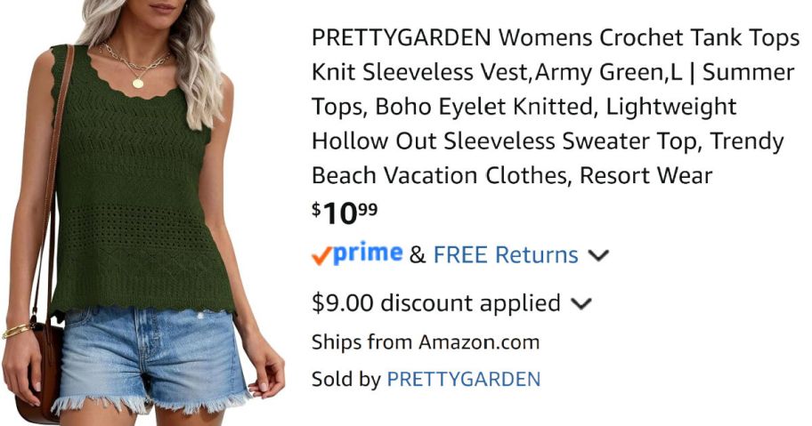 woman wearing green tank top next to Amazon pricing information