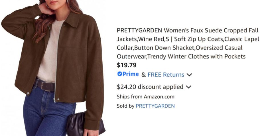 woman wearing suede jacket next to Amazon pricing information