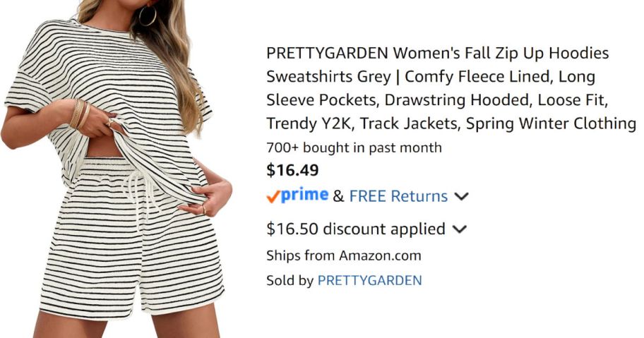 woman wearing striped pajamas next to Amazon pricing information
