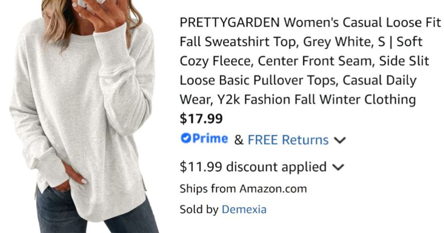 woman wearing gray sweatshirt next to Amazon pricing information