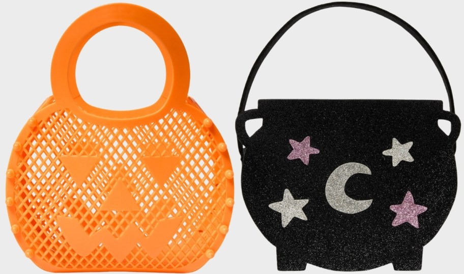 orange plastic pumpkin basket and black felt glitter cauldron gift bag