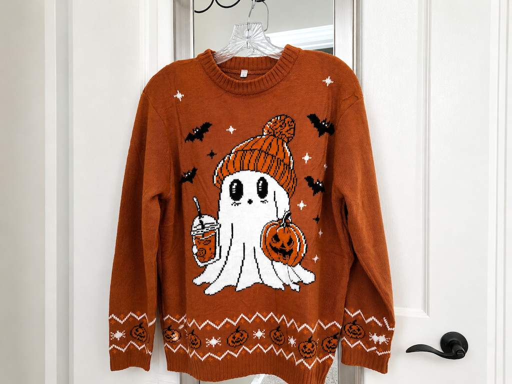 pumpkin sweater on hanger 