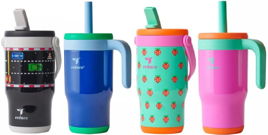 Four Reduce water bottles lined up side-by-side, including a gray video game race track design, a blue and green tumbler, a teal tumbler with pixelated strawberry patterns, and a bright pink and turquoise tumbler.