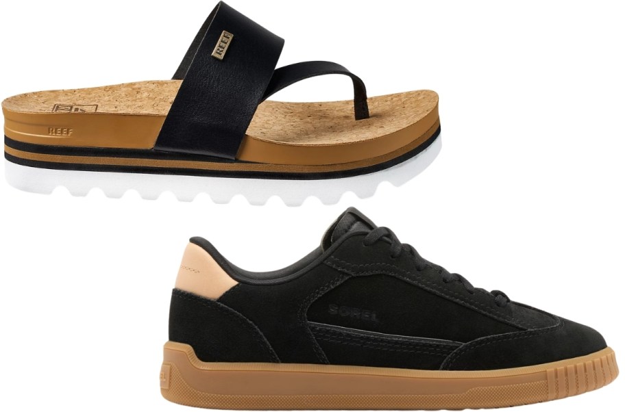 black flip flop and black sneaker