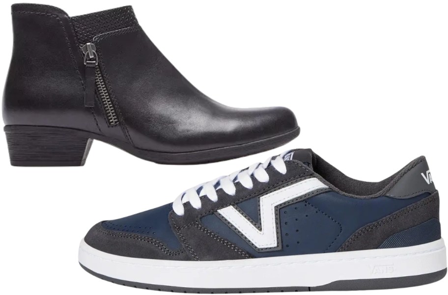 black bootie and blue sneaker