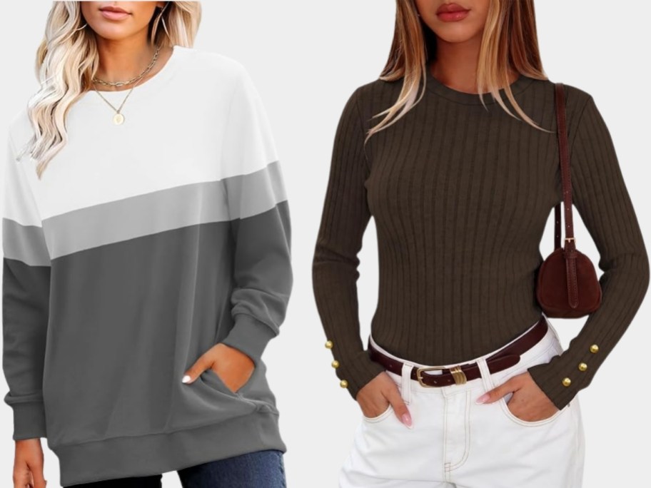 a woman in a sweatshirt and a woman in a fitted sweater