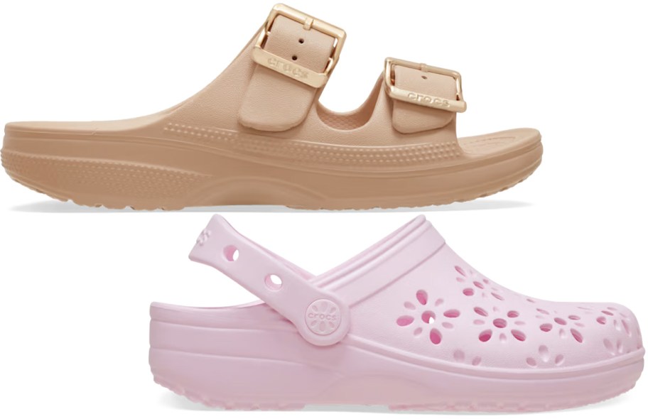 tan sandals and pink flower clogs 
