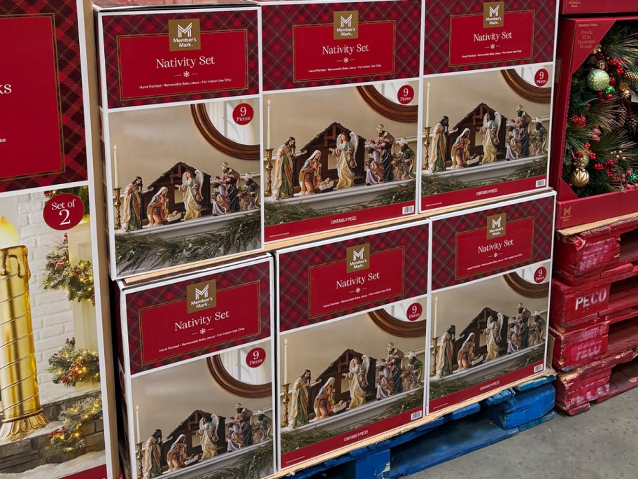 nativity christmas sets in boxes stacked 