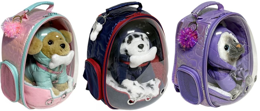 pink, blue and purple pet carriers with plushes inside 