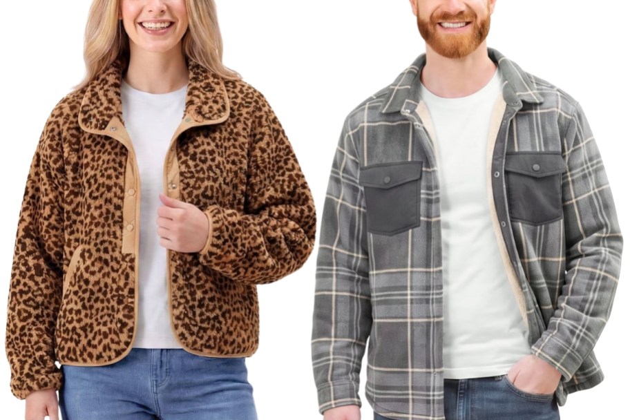 woman and mean wearing fleece shackets