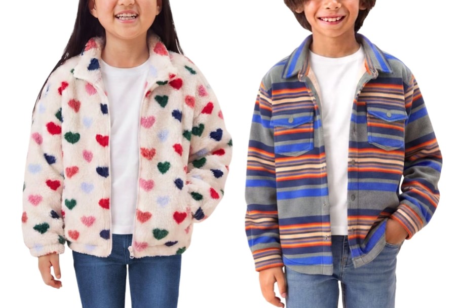 girl and boy wearing fleece shackets