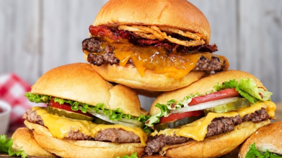 a stack of 3 single smashburgers