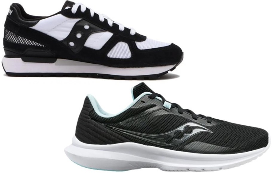 two pairs of black and white shoes 