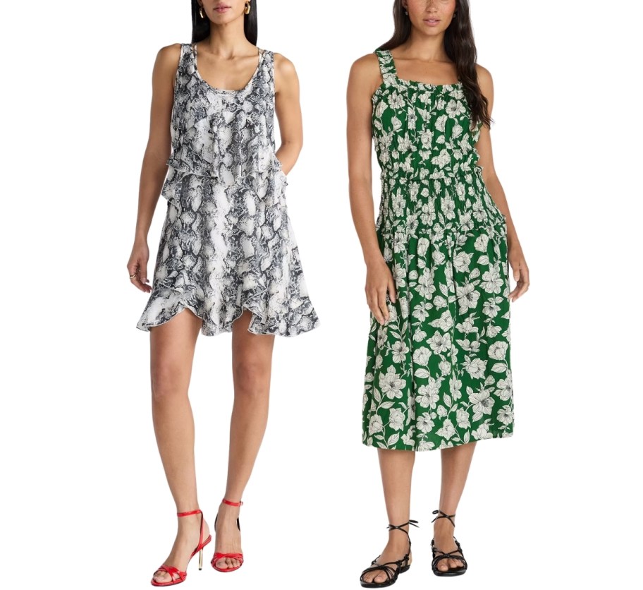 a woman in a sleeveless ruffled mini dress and a woman in a long floral print sun dress