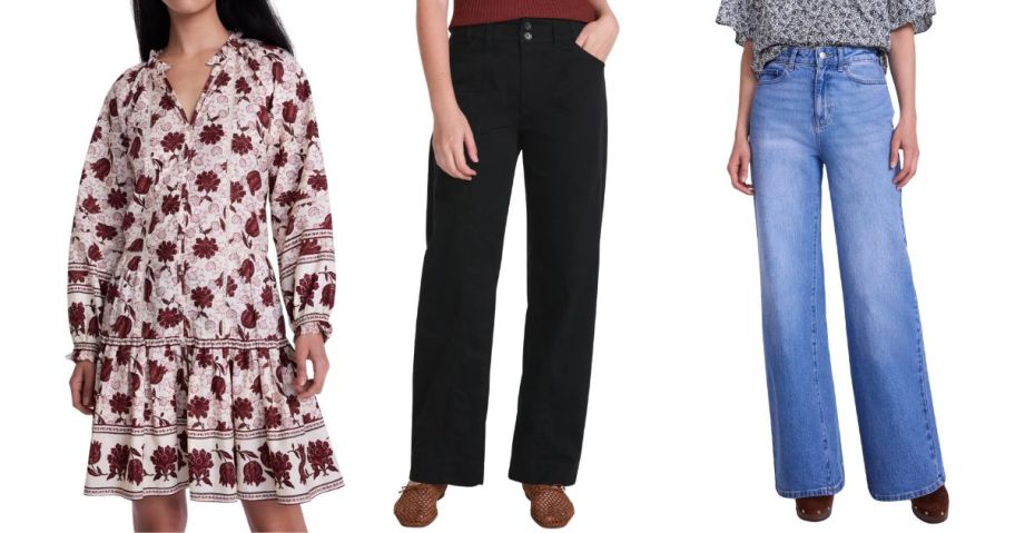 three women wearing scenario dress, pants, and jeans
