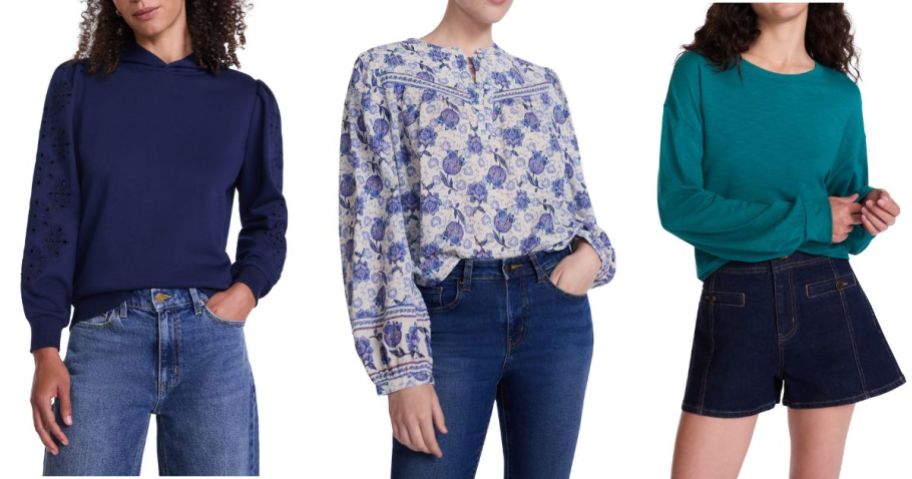 three women wearing scenario tops