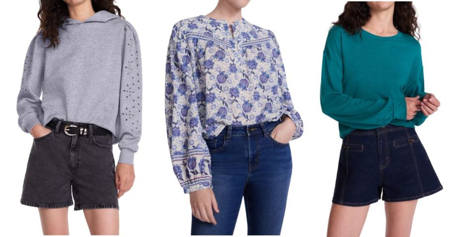 three women wearing scenario tops