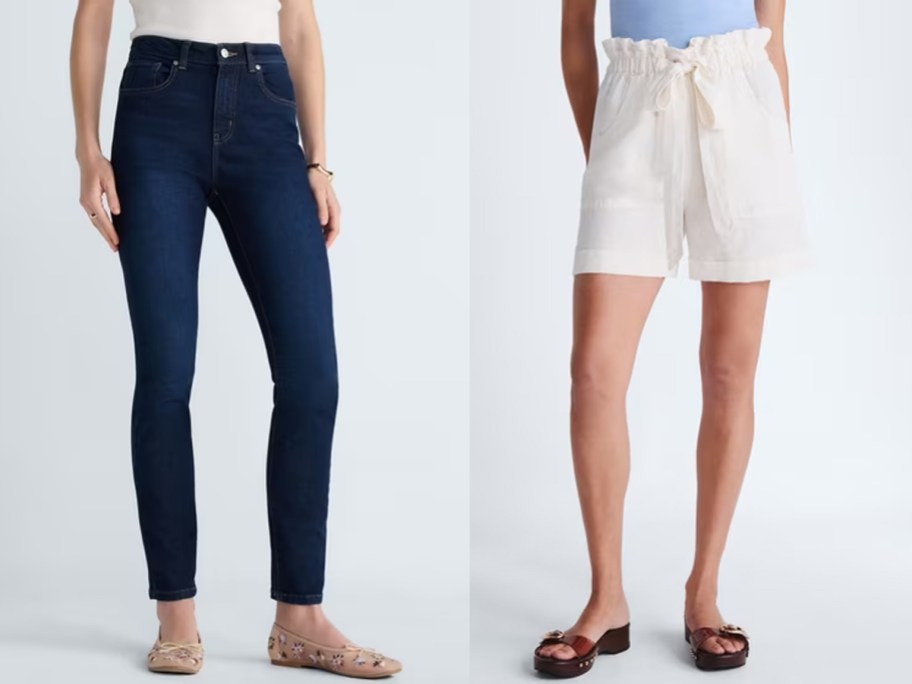 women wearing blue jeans and white shorts