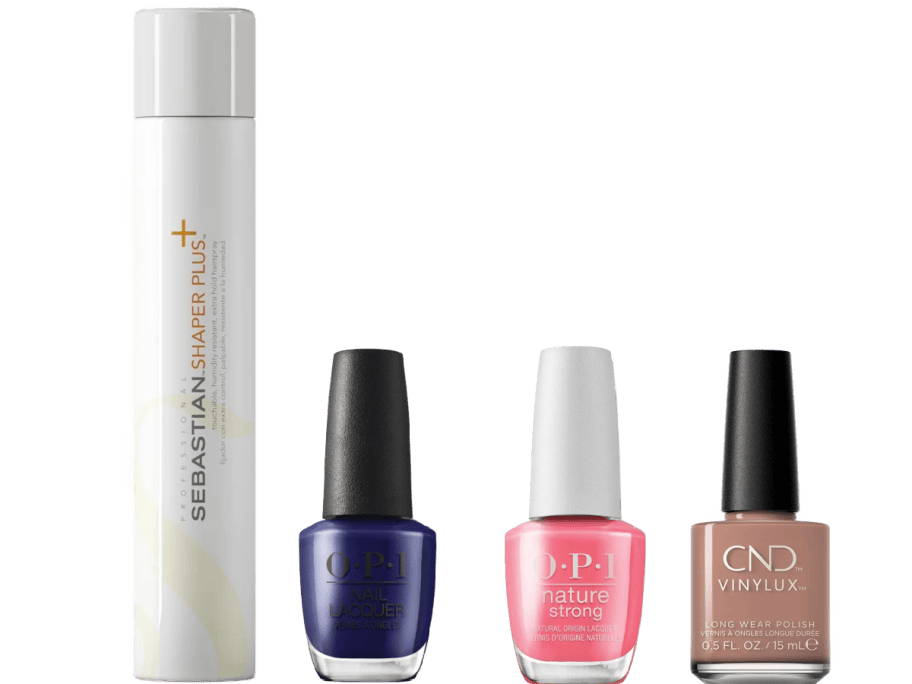 hair care product with 3 bottles of nail polish