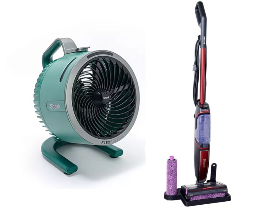 green fan and purple and gray vacuum