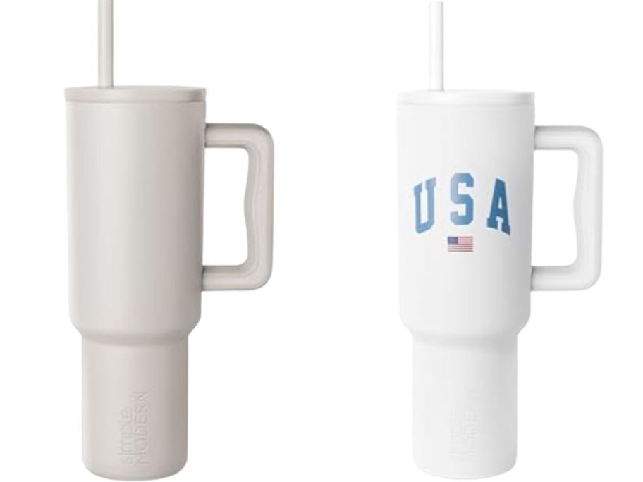 a white simple modern tumbler next to a white simple modern tumbler with "USA" on it