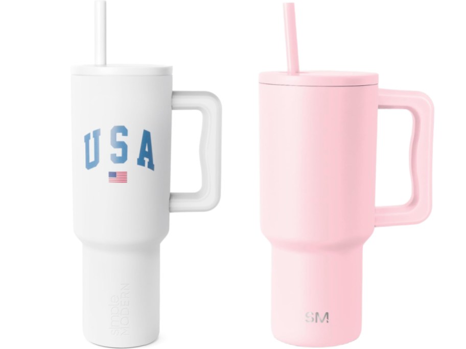 Two Simple Modern tumblers with handles and straws: a white one featuring a