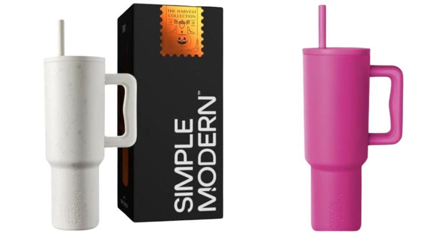 a white simple modern tumbler with skeletons on it and a pink simple modern tumbler