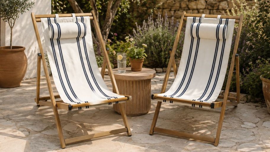 two outdoor resort chairs with stripes displayed outside