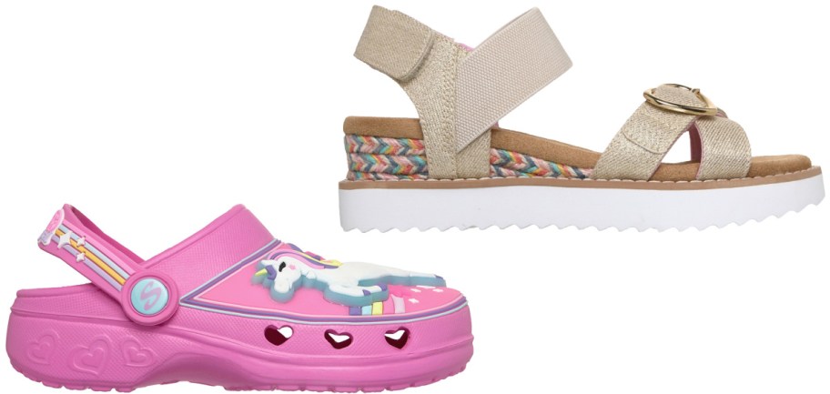 Two pairs of kids' footwear, featuring a pink unicorn-themed clog with heart cutouts on the bottom and a gold strappy wedge sandal with a colorful braided detail on top.