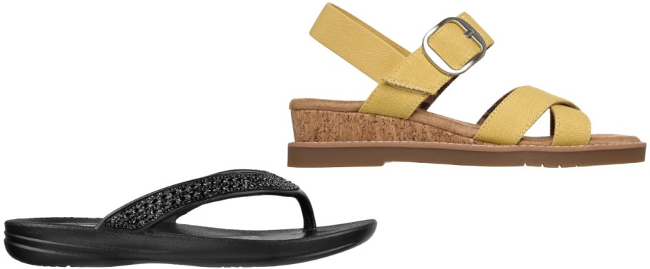 Two pairs of sandals, featuring a black embellished thong sandal on the bottom and a yellow canvas wedge sandal with cork detail on top.