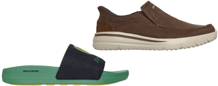 Two pairs of Skechers footwear, featuring a green and black John Deere slide sandal on the bottom and a brown slip-on casual shoe with a thick white sole on top.