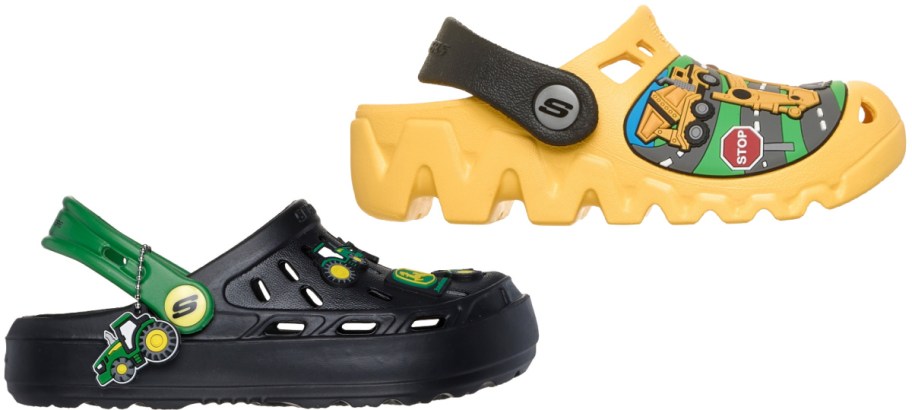 Two pairs of kids' Skechers clogs, featuring a black John Deere tractor theme on the bottom and a yellow construction truck theme on top.