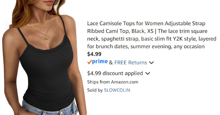 woman wearing black cami next to Amazon pricing information