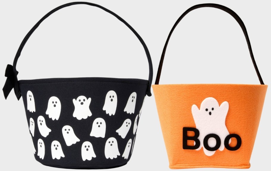 two felt halloween ghost themed buckets totes