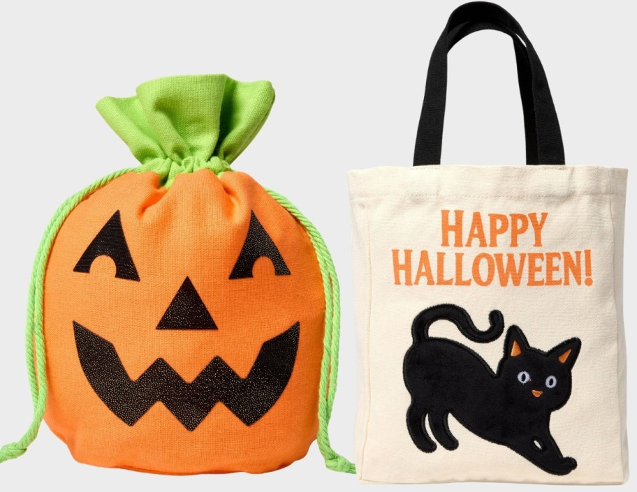 jack o lantern drawstring gift bag and black cat halloween tote
