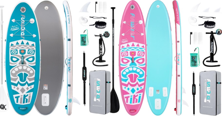 2 inflatable stand up paddleboard sets in pink and blue and gray