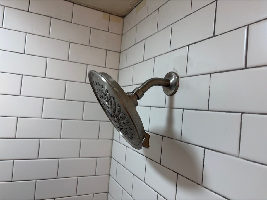 close up of old silver shower head