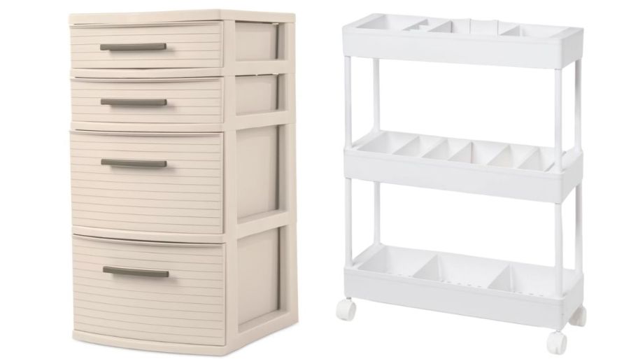 storage cart in beige and white rolling cart