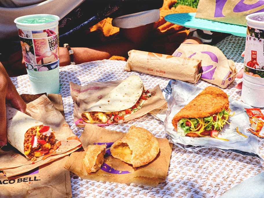 Taco Bell food spread out on a table
