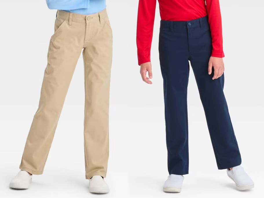 kids wearing tan and blue pants 