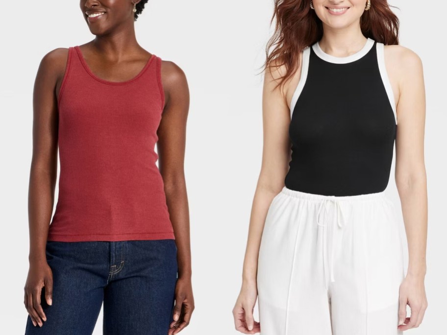women wearing red and black tees