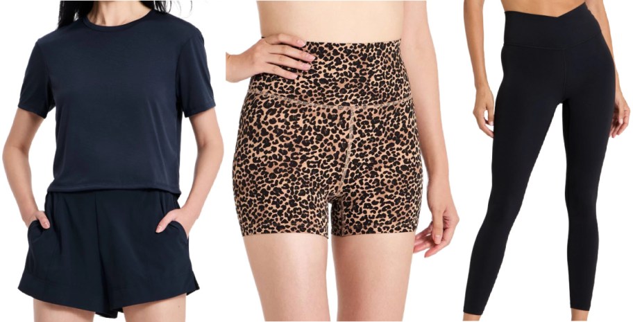 Three women's activewear pieces displayed side by side, featuring a dark blue short-sleeve top and matching shorts on the left, high-waisted leopard print biker shorts in the middle, and black crossover waist leggings on the right.